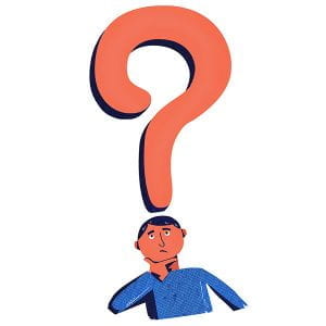 Illustration of a student with a large question mark over their head.