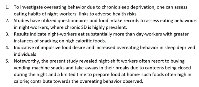 5 bullet points answering the 5 questions above about a paper on the links between overeating and sleep deprivation